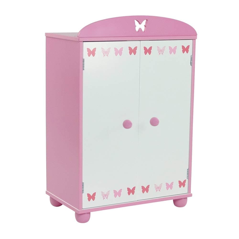 18 Inch Doll Furniture | Closet Armoire with Butterfly Detail, Includes 5 Wooden Clothes Hangers Fits 18" American Girl