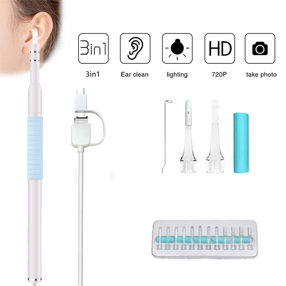 3 in 1 Ear Otoscope 720P Ear Scope Ear Wax Removal Tool Ear Inspection Camera Earwax Cleansing Tool Endoscope Ear Pick Spoon for OTG Android Micro USB PC-White