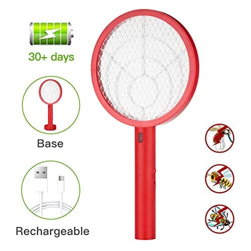 Teniswatter Electric Bug Zapper Fly Swatter Zap Mosquito Indoor Outdoor Pest Control, 4000V Grid Usb Rechargeable Led Lighting 3 Layers Mesh, Red