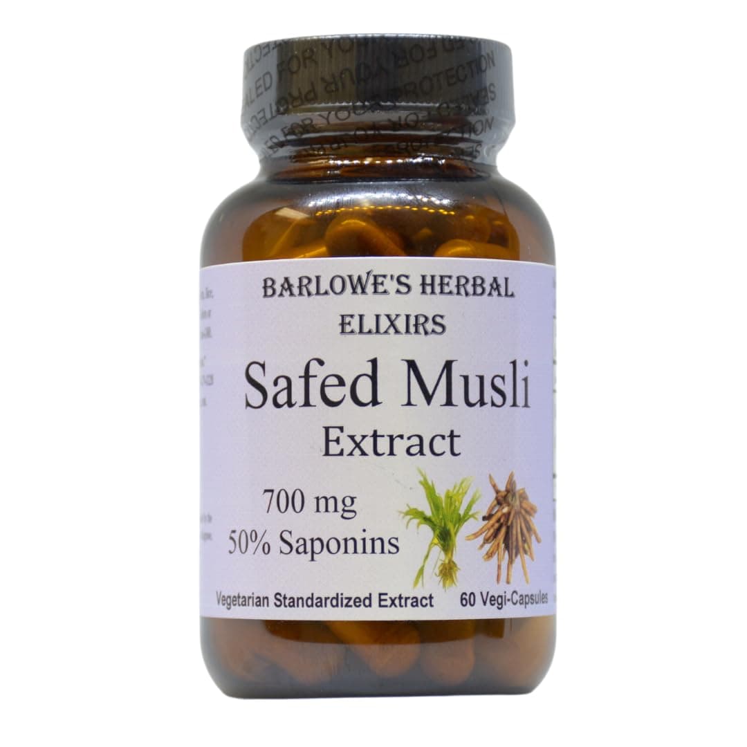 Barlowe's Herbal Elixirs Safed Musli | Safed Musli Extract | Chlorophytum borivilianum | 700 mg Per Capsule | 50% Saponins | 60 Veggie Capsules | Stearate Free | Bottled in Glass