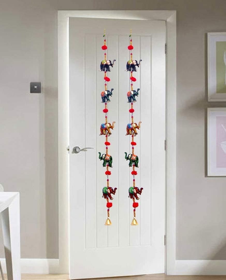 Indian Door Hanging Decorative Five Hand Painted Elephant Stringed Together with Beads and Small Bell Multicolor