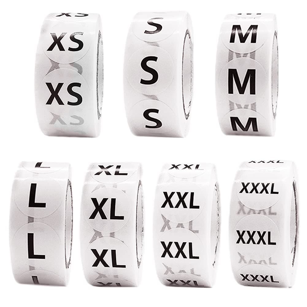 3500 PCS Clothing Size Stickers - Round Self Adhesive Labels, White with Black Text, 7 Sizes XS-XL, XXL, XXXL for T Shirts