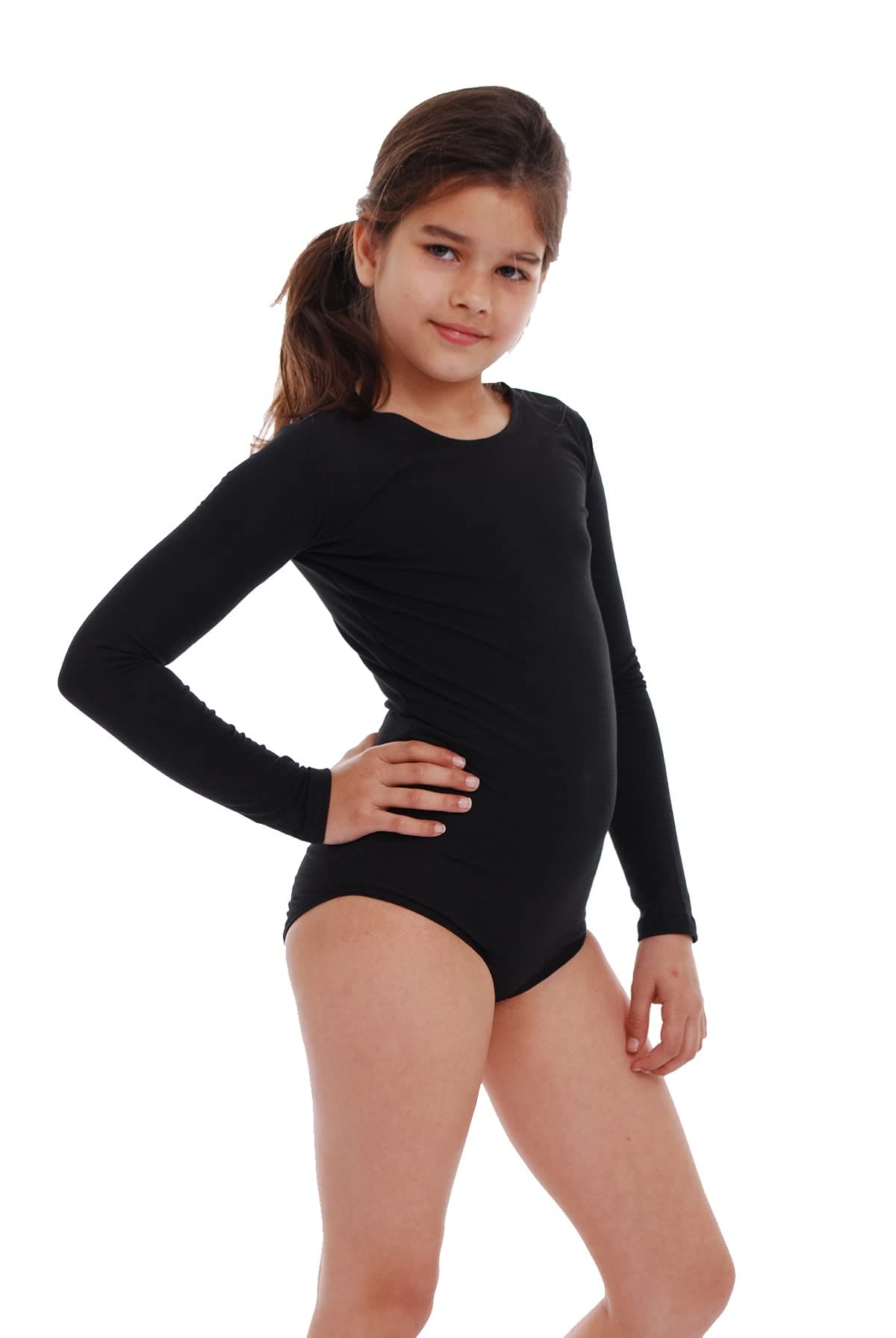 TIARA GALIANO Child Long Sleeve Round Neck Bodysuit Girl - Made in EU Leotard Jumpsuits Tops 1496 (S, Black)