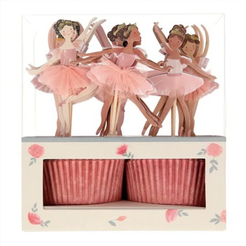 Ballerina Cupcake Kit, 24 Toppers with Pink Tulle Skirts, Gold Foil Details, Wooden Sticks and Patterned Cases for Kids Birthday Parties and Ballet-Themed Treats