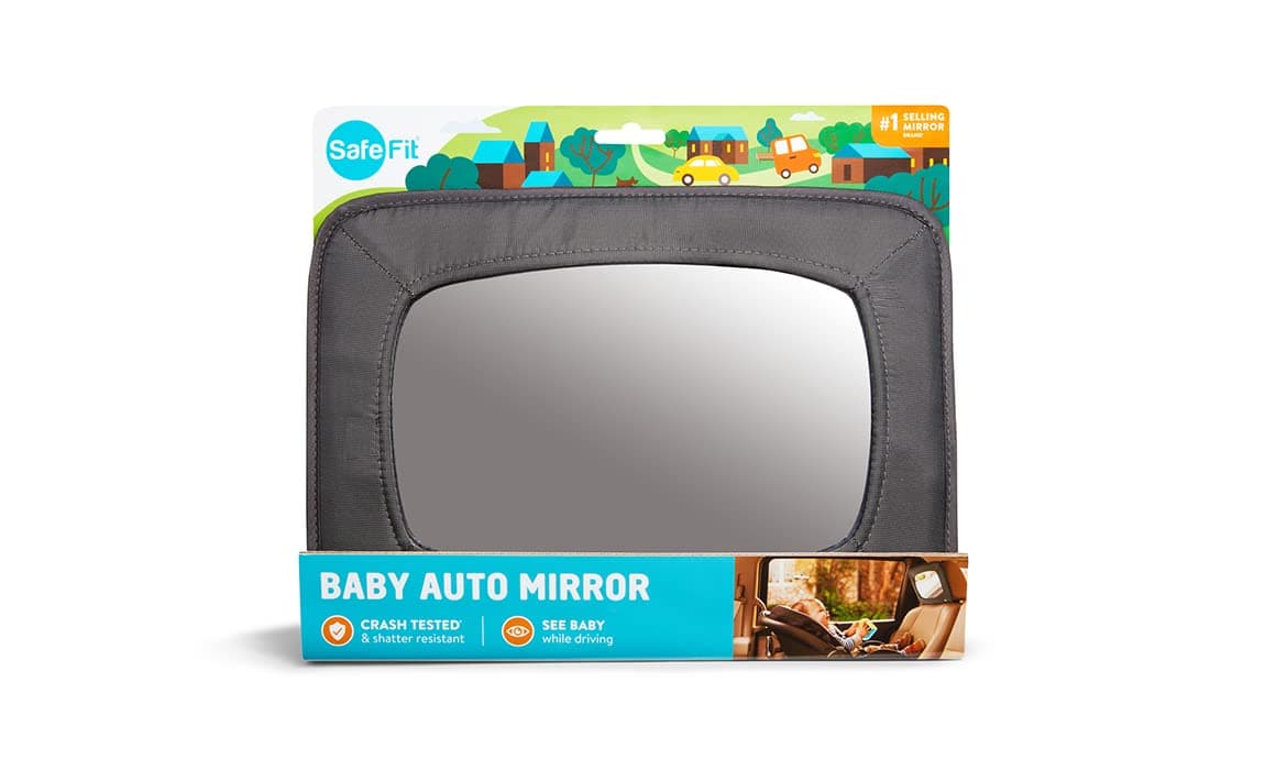 SafeFit Baby Auto Mirror (Crash-Tested, Shatter-Resistant Mirror) - See Baby While You Drive! (12.75 inch X 8.5 inch Outside Frame Dimension, Gray Nylon Frame)