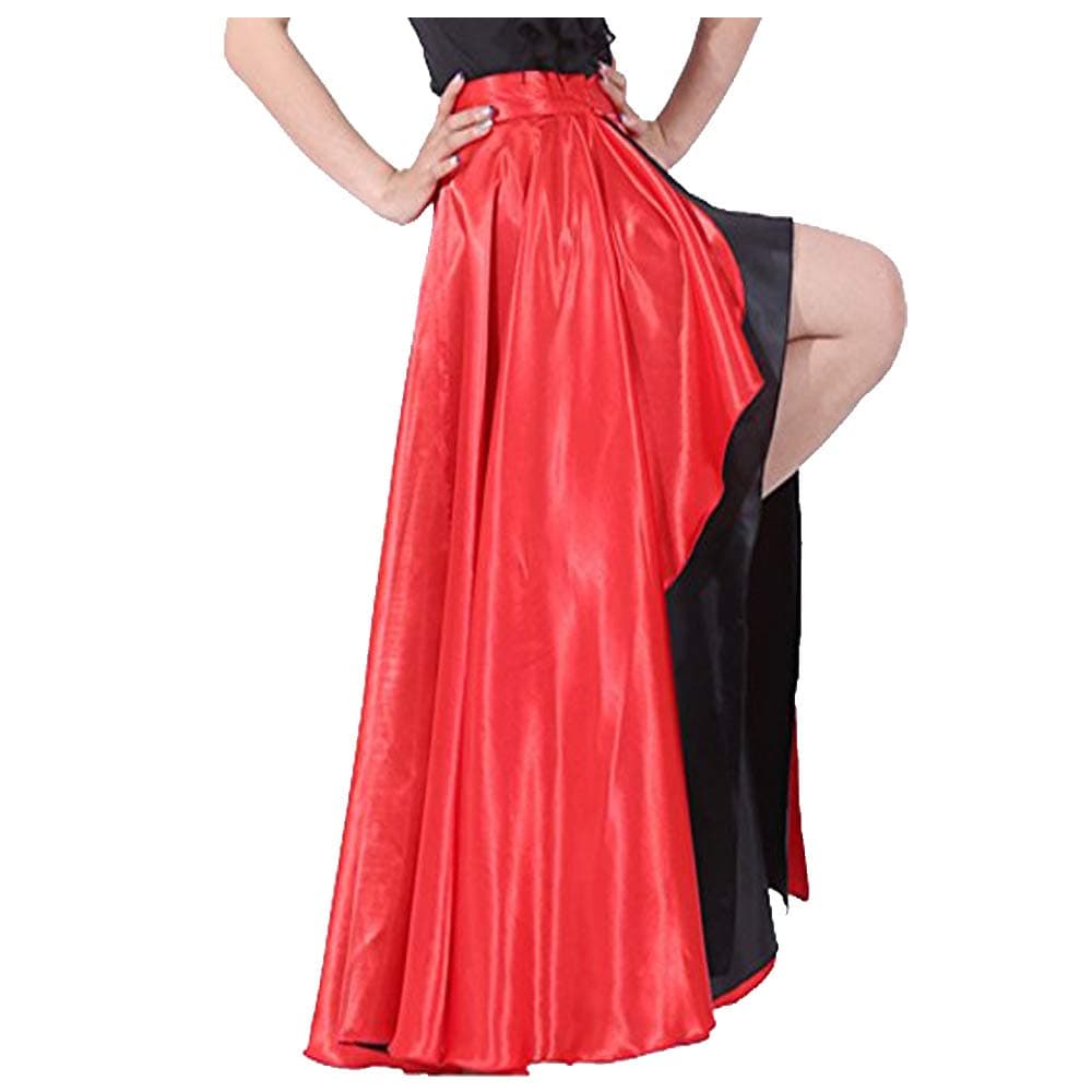 BackgardenSpanish Bull Dance Skirt Adult Flamenco Two Layer Satin Gypsy Dress Red Outside/Black Inside, Red-black, One size
