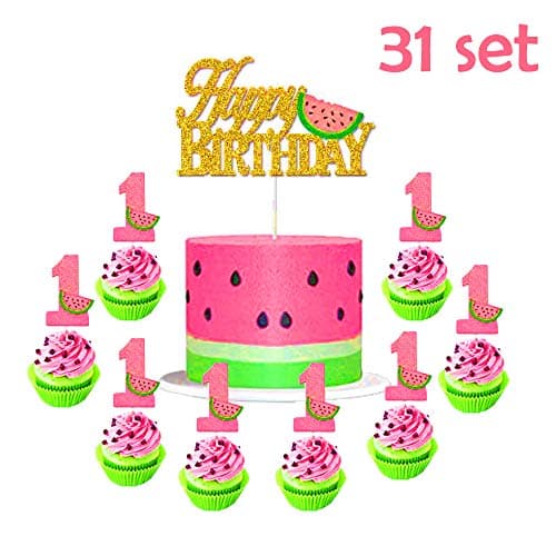 Suppar 31 Set One in a Melon Cake Cupcake Toppers, Watermelon Cake Decorations for Baby 1st Birthday Party Supplies Summer Tropical Fruit Sweet Themed Party Cupcake Decor