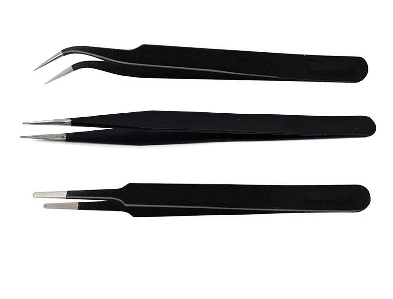 Vadda BaiSet of 3 black coated Stainless Steel Tweezers Tool Set of Straight, Curved and Flat Tips Tweezers