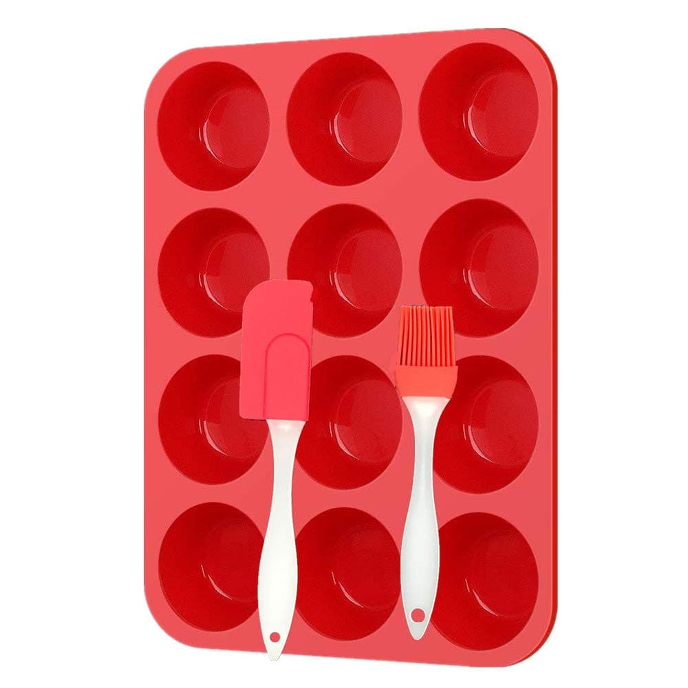 12 Cup Silicone Muffin Pan and Spatula for Muffin Tins, Non-stick Silicone Cupcake Baking Cups, Egg Baking Molds