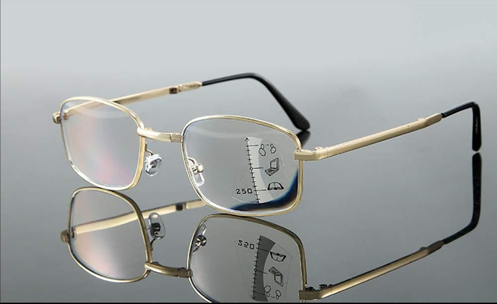 Dual-use Color Reading Glasses, Foldable Half Frame, Intelligent Automatic Zoom Anti-Blue Glasses for Men and Women (+300°, Gold)