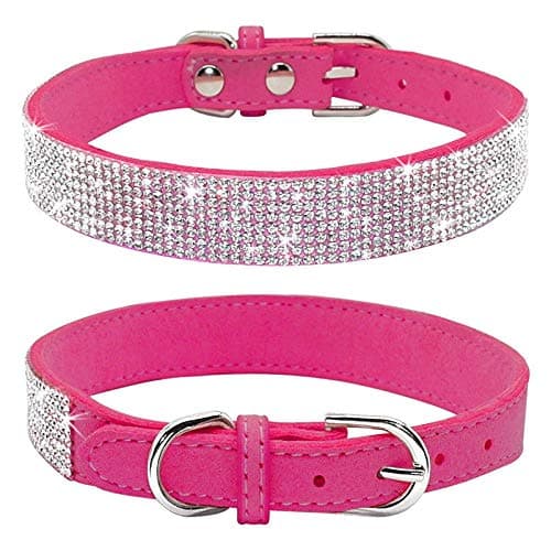 Rhinestone Dog Collar, Cute Dazzling Sparkling Soft Suede Leather Dog Cat Rhinestone Collar Crystal Diamond Pet Dog Puppy Collar(Hot Pink,M fit Neck 32-38 cm)