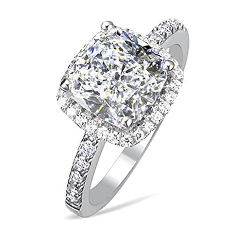 Diamonbella 101 Facets 2 Carat Princess Cushion Cut NSCD Simulated Diamond Ring 925 Silver Platinum Plated Halo