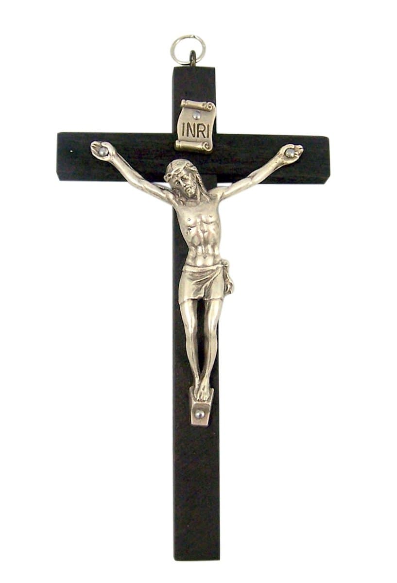 Catholic CrucifixesBlack Wooden Cross with Silver Toned Christ Corpus Crucifix Pendant, 4 Inch
