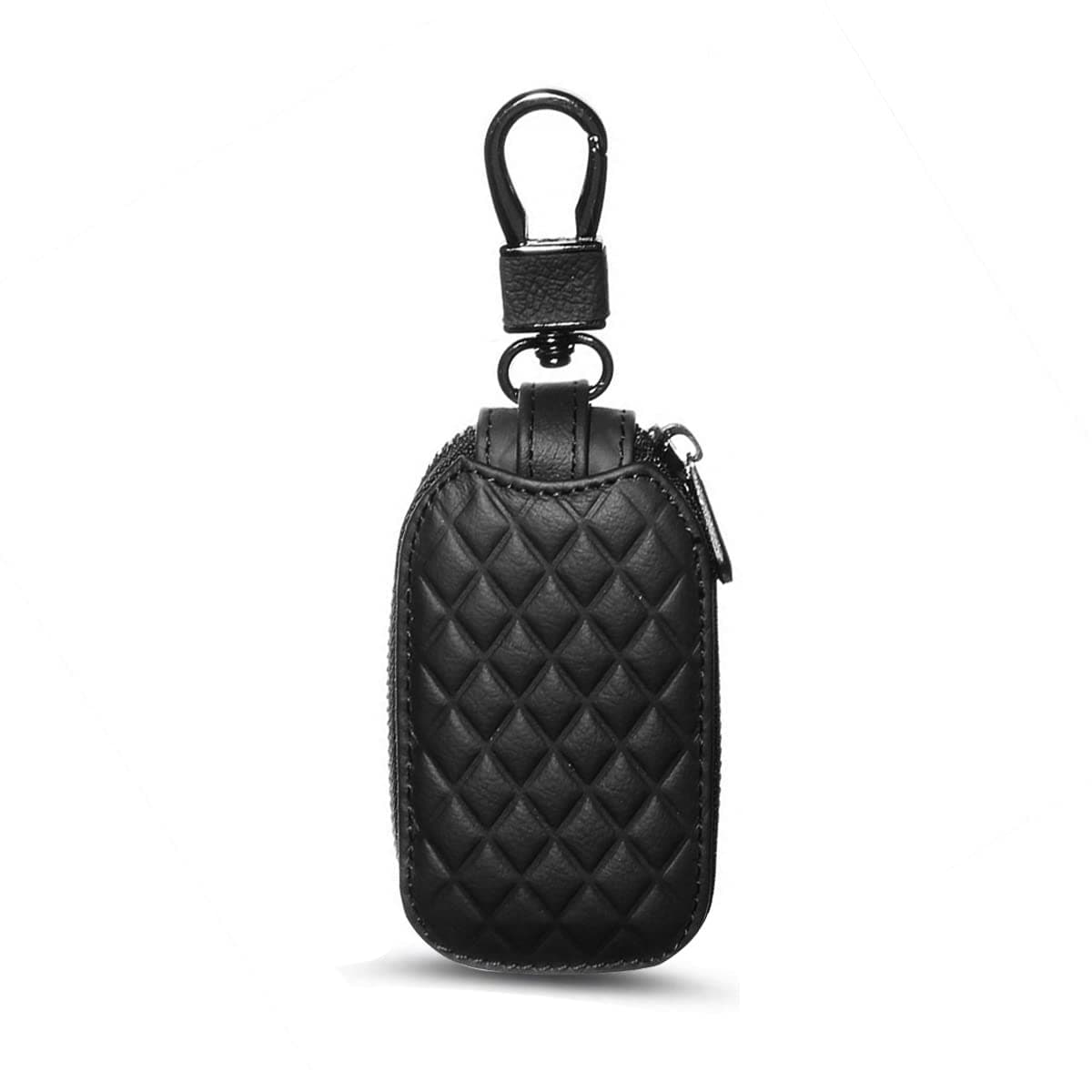 BELOMI Car Key Case, Genuine Leather Remote Key Fob Cover, Keychain Holder with Metal Hook, Universal Vehicle Keyring Zipper Bag (Black)