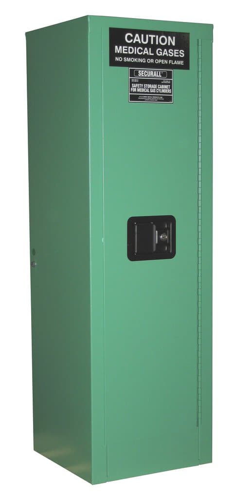 SECURALL MG304FL Medical Gas Cylinder Storage Cabinet, 18-Gauge Steel, 2-Door, Self-Latch, Self-Close Safe-T Door, 46 x 14 x 13 5/8 in, 2-4 D,E Cyl Capacity, 15 YR Warranty, Fire-Lined - MG Green
