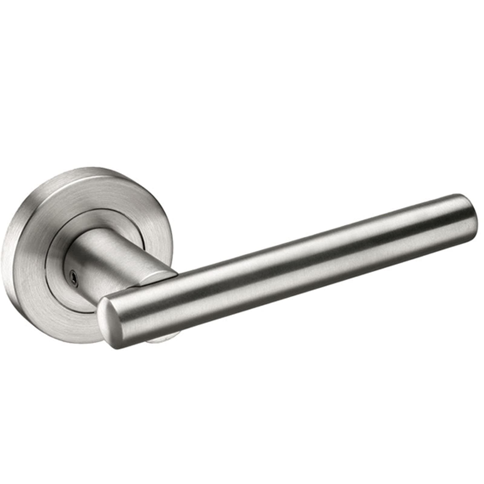 Brushed Stainless Steel Door Handles with T Bar Designer Levers on Round Rose H730013S