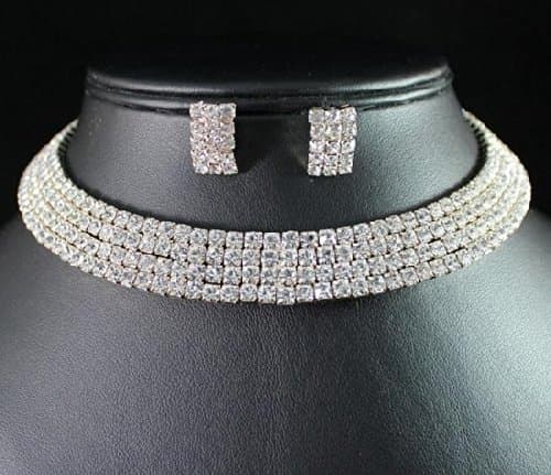 Taoqiao 4-Row Clear Austrian Rhinestone Choker Necklace Earrings Set Wedding...