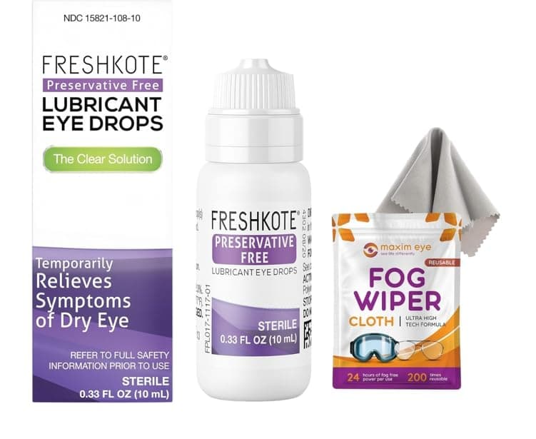 Maxim Eye FRESHKOTE Preservative Free Lubricant Eye Drops.33 fl oz Bottle of Artificial Tears for Dry Eye Relief, Bundled with 1 Reusable Anti Fog Cloth for Eyeglasses