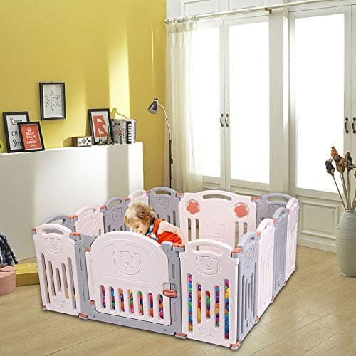 SSLine Baby Play Yard Foldable Safety Playpen Kids Activity Center with Door Cute Playard Indooor Outdoor Free Standing Child Safe Fences (12+2 Panel)