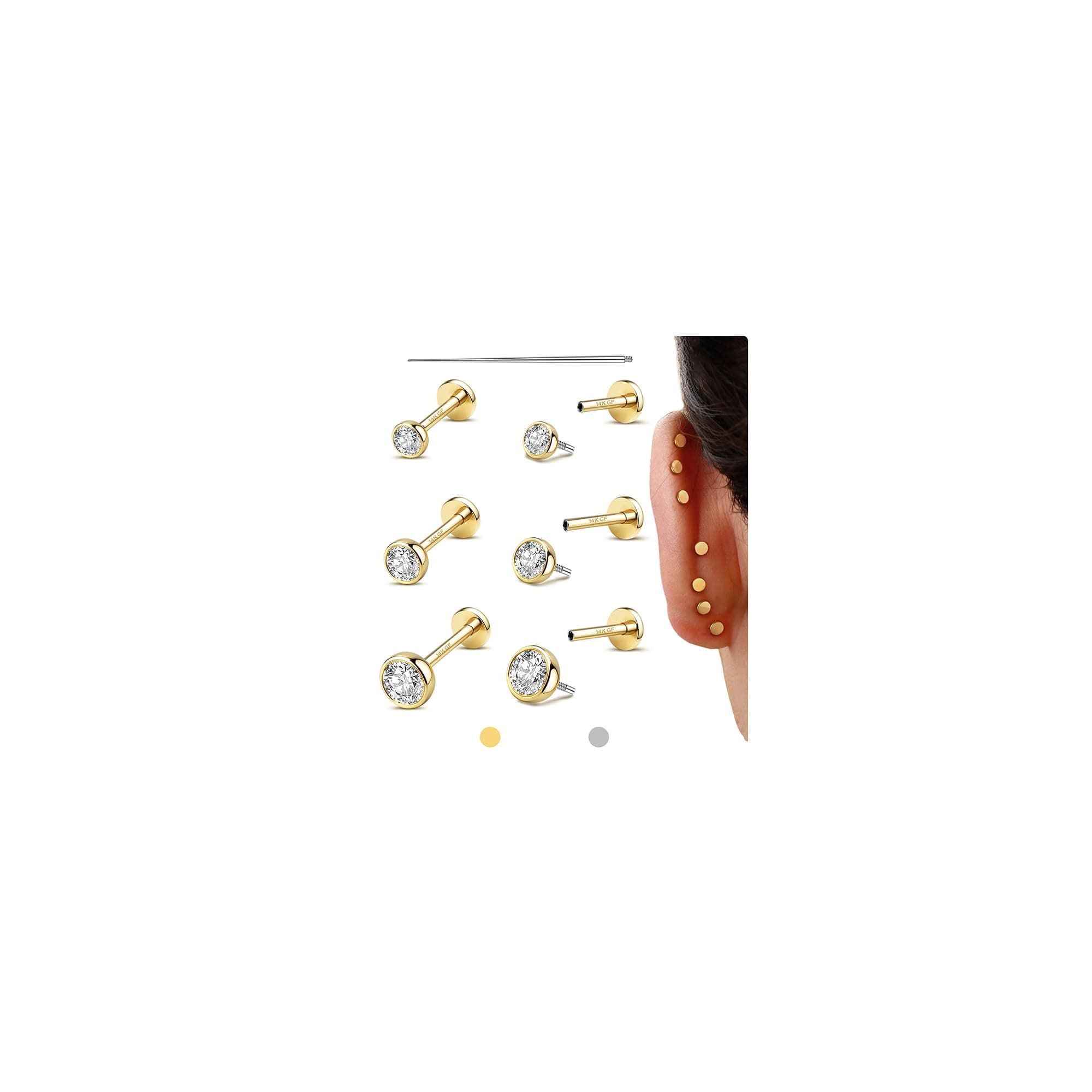 Flat Back Earrings Stud : 14K Gold Filled Titanium Surgical Steel Earrings Hypoallergenic for Women Men 16G 18G Cartilage Helix Tragus Conch Medusa Piercing Jewelry Dainty Earring Set 3 Pairs