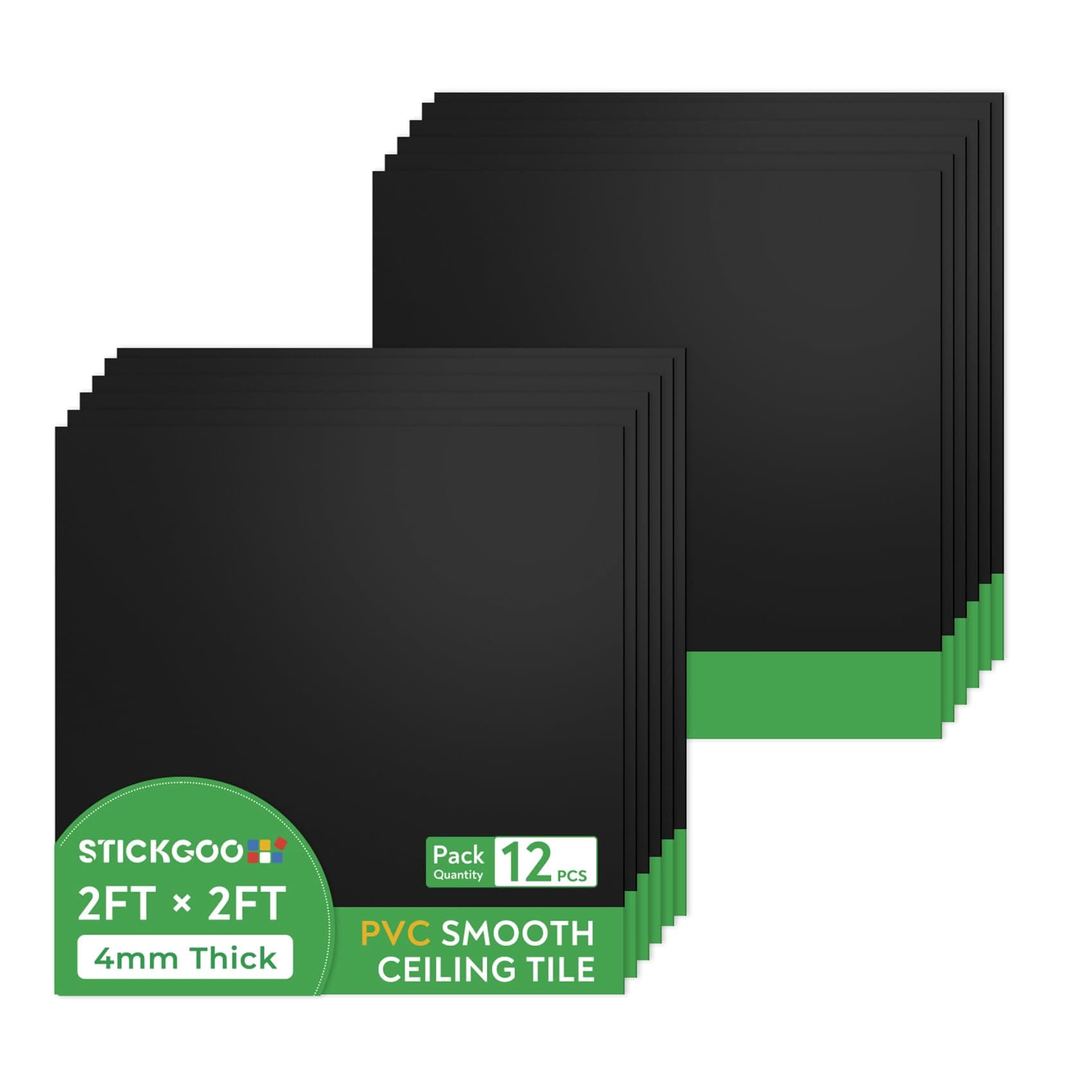 STICKGOO Black Drop Ceiling Tiles 2ft x 2ft, Waterproof PVC Ceiling Panels, Fire Resistant and Washable Smooth Ceilings Decor Coverings 24 x 24in - 12 Pack Cover 48 Sq. Ft