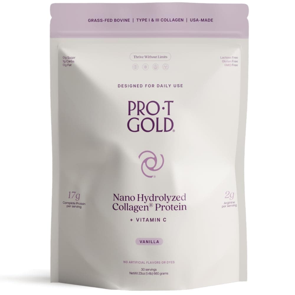 ProT Gold Collagen Protein Powder, 17g Protein Nano-Hydrolyzed Grass Fed Collagen, Vitamin C, 2g Arginine for Wound Support, Gluten Free, All Natural, Fat and Sugar Free, 0g Carbs, Vanilla, 23 oz, 30