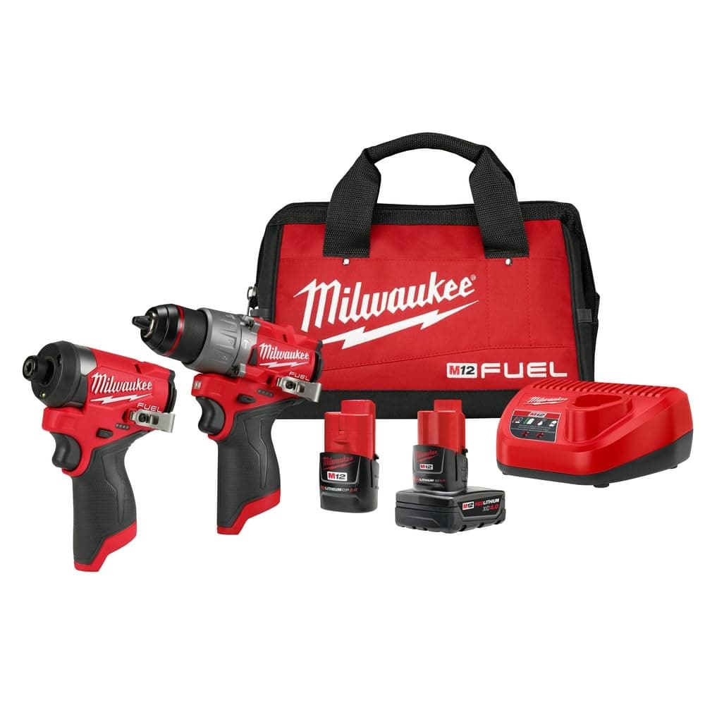 Milwaukee M12 FUEL 12V Lithium-Ion Brushless Impact Driver and Cordless Hammer Drill Combo Kit with Batteries and Bag (2 Tools)