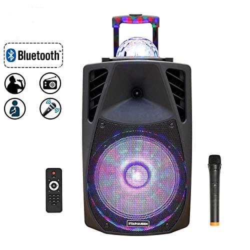 Starqueen 12Inch Portable Bluetooth Speaker, 2-Way Powered Rechargeable PA System with Wireless Microphone/Remote/Wheels/DJ Party Lights for Outdoor, Karaoke Amplifier Sound Box with AUX/FM//TF/Radio