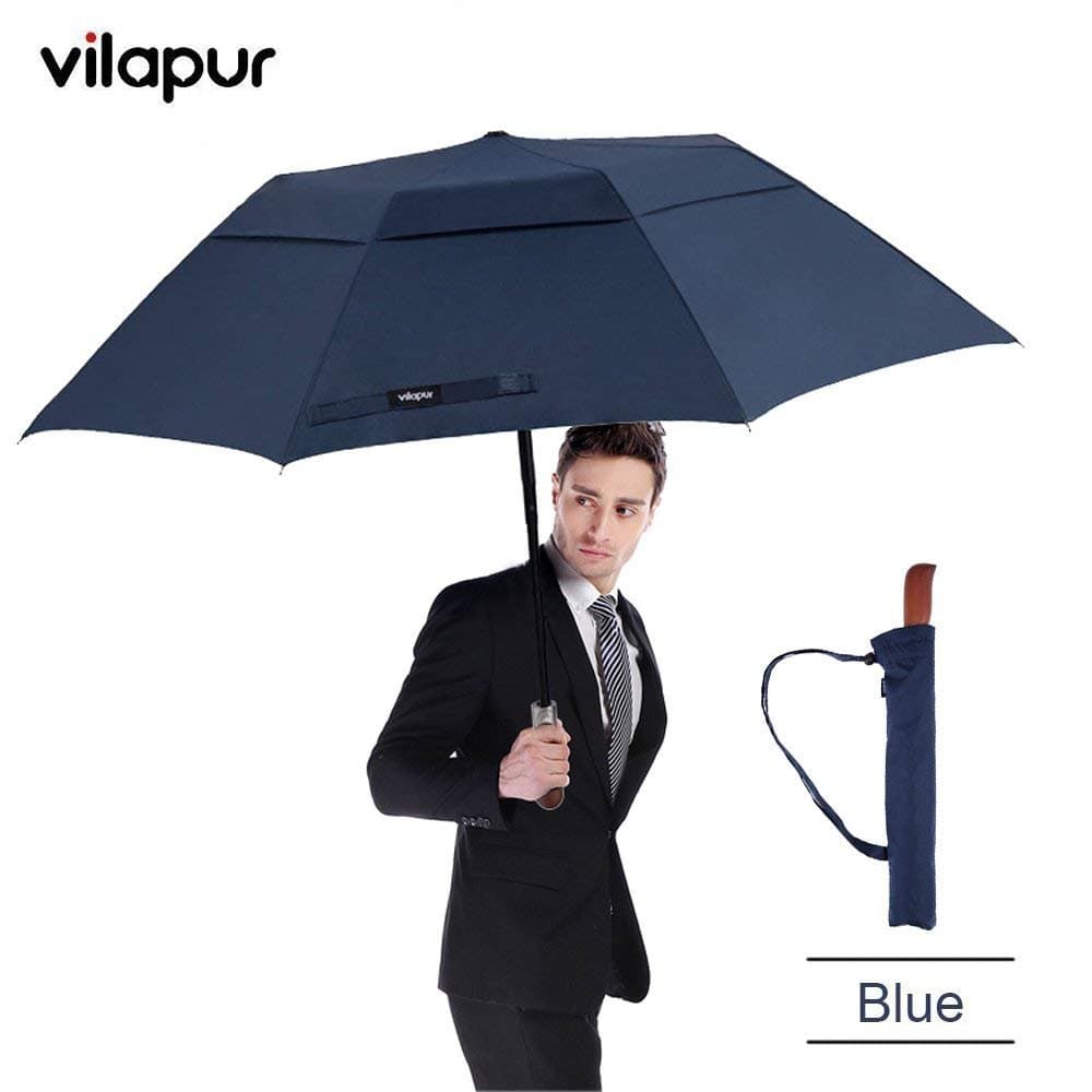 Vilapur Folding Golf Umbrella, Sturdy Large Oversized Umbrella for Men, Auto Open with Double Canopy Windproof Frame Compact Travel Umbrellas (50-inch Blue)