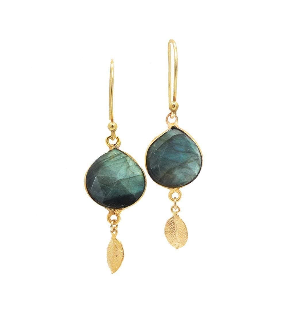 24K Gold Plated Labradorite Earrings with Leaf Charm