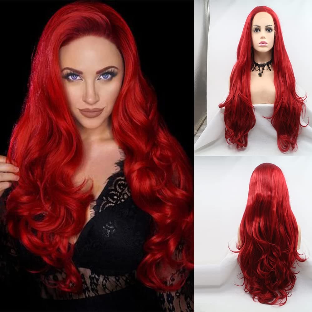 xiweiya Bright Red Lace Front Wig Long Body Wave Red Synthetic Lace Front Wigs 13x4 Lace Hot Red Wig Middle Part Heat Resistant Hair Natural Hairline 180% Density Wig Drag Queen Cosplay Wig 24inch