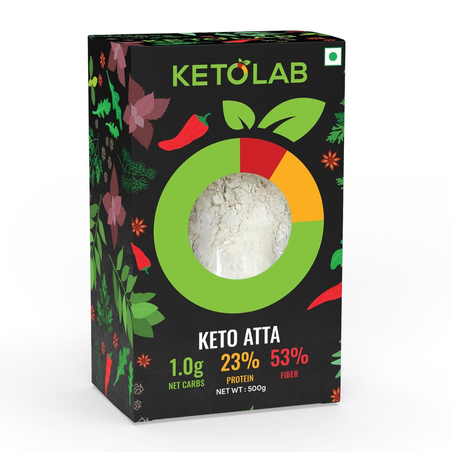 Ketolab Keto Aata Flour, 500 Gms, 1 Pack, 1g Net Carb & 23% High Protein/Soft Roti, Identical to Wheat Flour, Ultra Low Carb, Pre-Biotic High Fibre, Low GI, Keto Diet, Weight Loss, Diabetic Friendly
