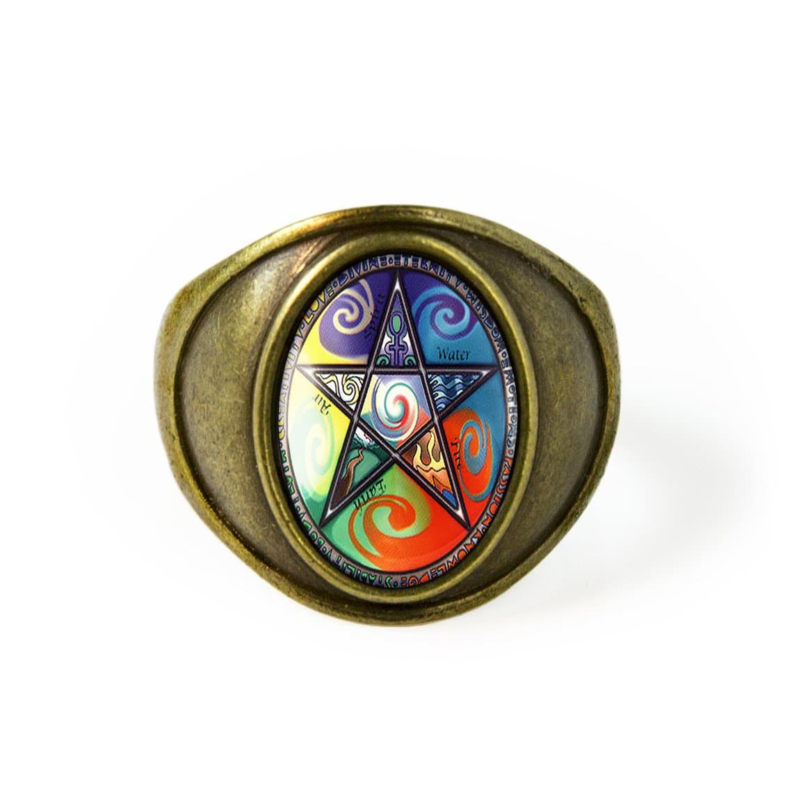 Kasket Kustoms Antique Bronze Wiccan Five Elements Pentacle Ring Size 7