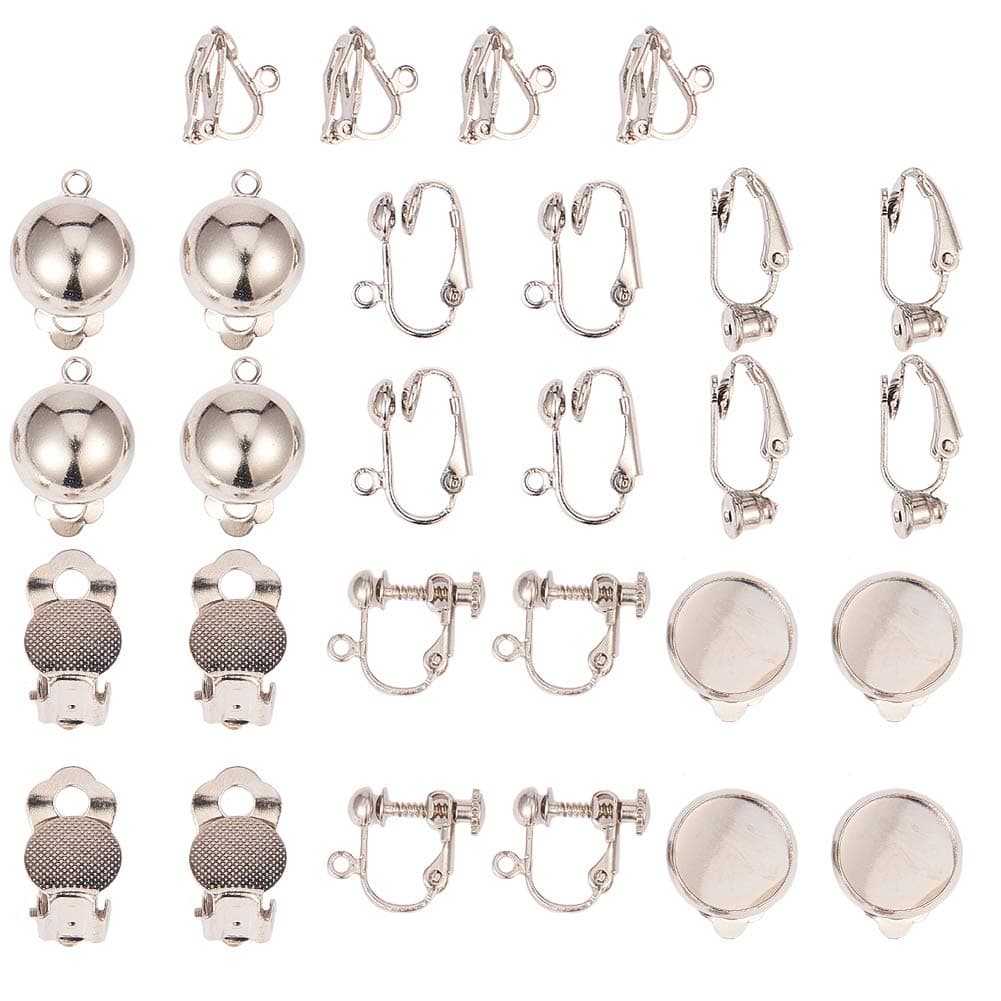SUNNYCLUE 1 Box 28pcs 7 Style Clip-on Earring Findings Non Pierced Earring Converter Stud Clip On Converter Screw Back Ear Wire Pad Base Flat Back Round Tray Blank Components for DIY Jewelry Making