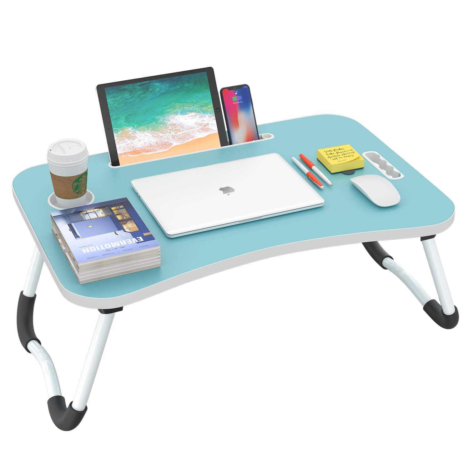 BUYIFYFolding Lap Desk, 23.6 Inch Portable Wood Blue Laptop Bed Desk Lap Desk with Cup Holder, for Working Reading Writing, Eating, Watching Movies for Bed Sofa Couch Floor