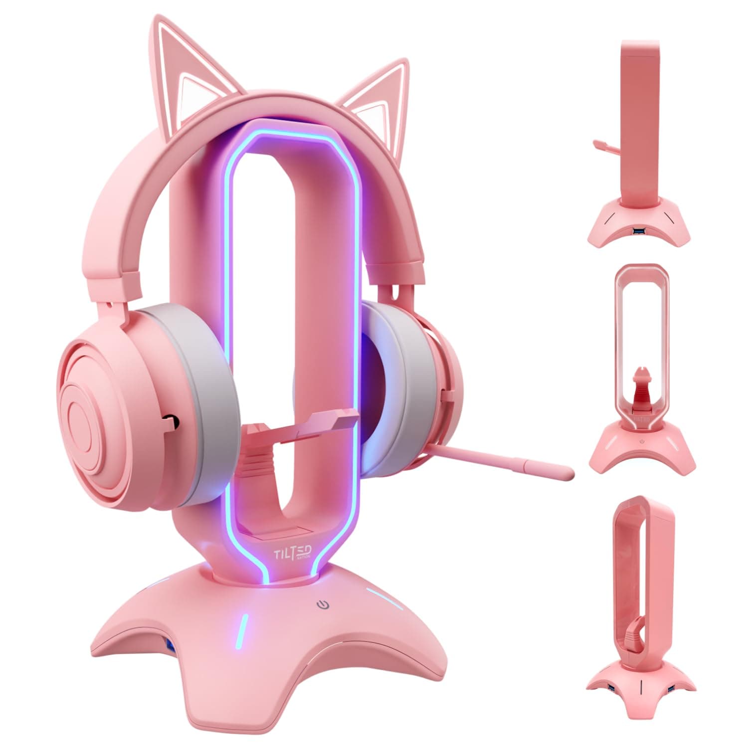 Gaming Headphone Stand | Pink Headset Holder with RGB, Mouse Bungee and USB Hub | Cute Headphone Stand for Gamer Girl Accessories