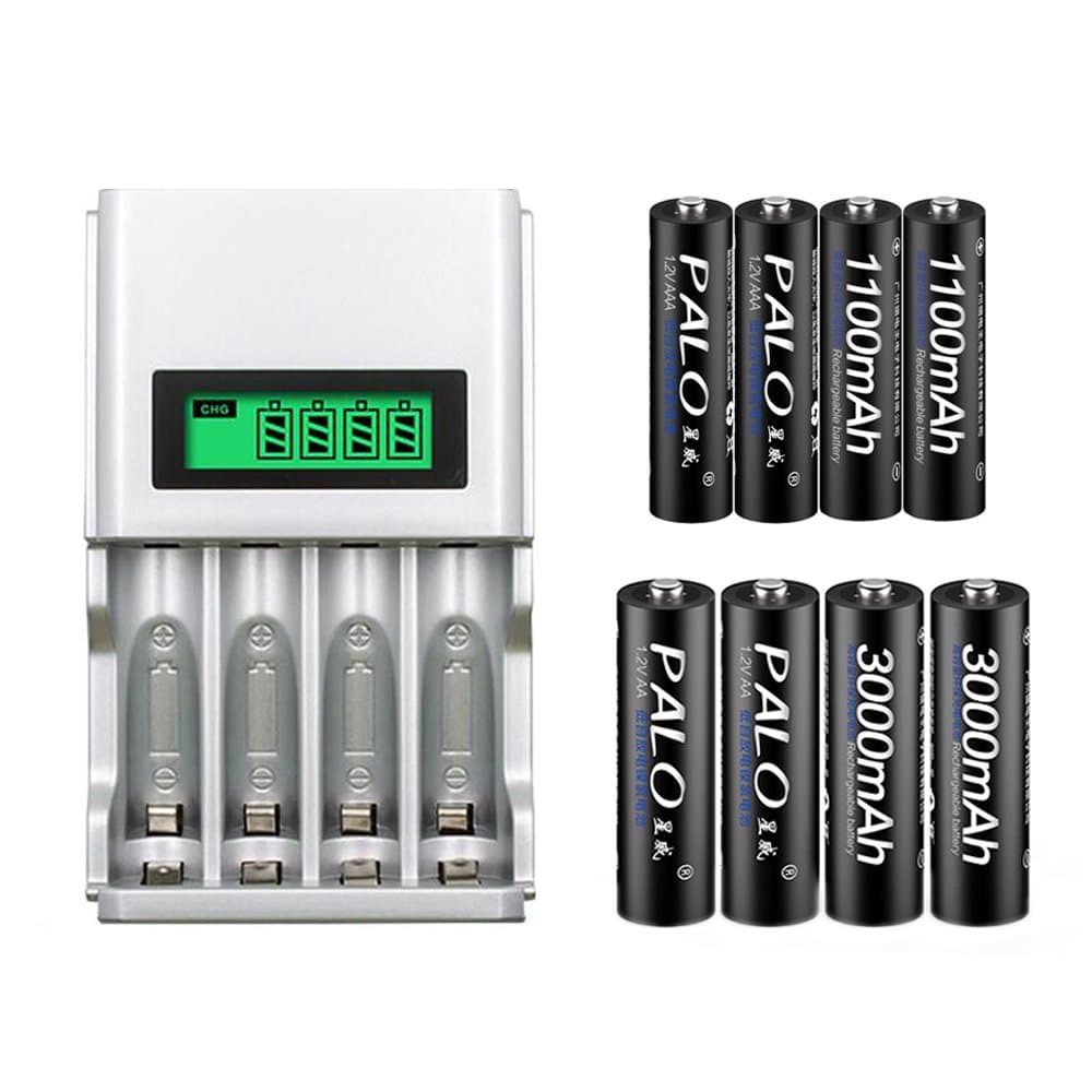 PALO 4 Slots Smart Intelligent AAA AA Rechargeable Batteries Battery Charger LCD Display with 4PCS AA 3000mAh and 4PCS AAA 1100mAh Batteries (with 4PCS AA and 4PCS AAA Batteries)