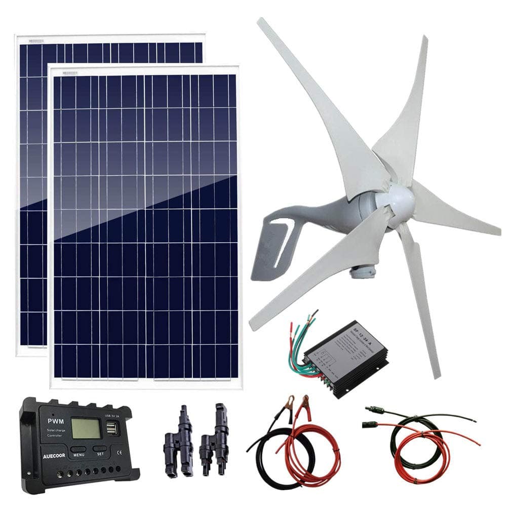 AUECOOR 600 Watts Wind Solar Powered System(Hybrid System Kit): 1pc 12V/24V 400W Wind Generator + 2pcs 100W Polycrystalline Solar Panel + Solar Controller+Wind Controller+Accessories