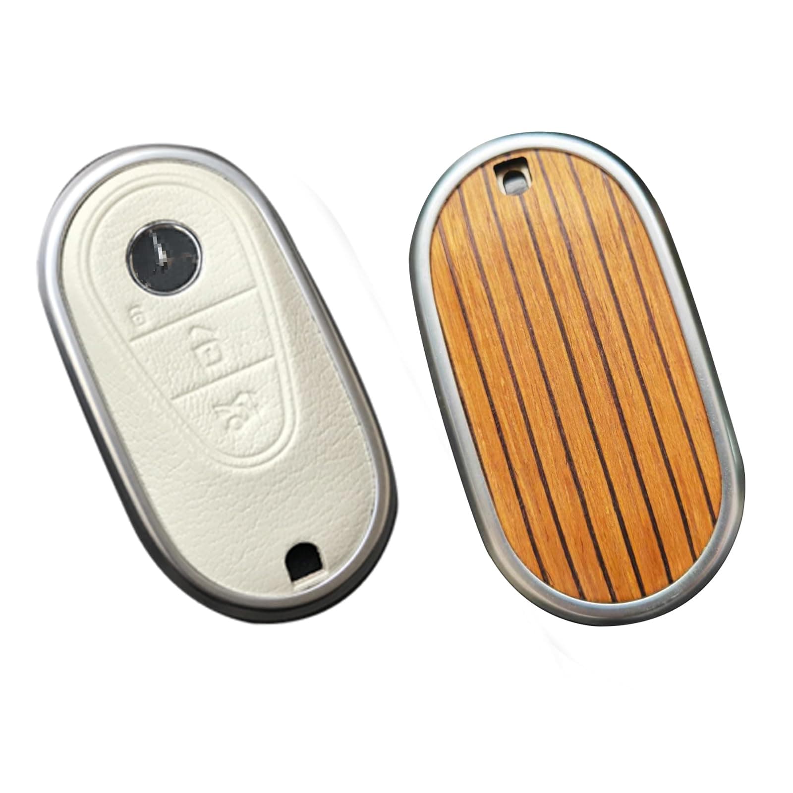 for Mercedes Benz key case Key fob cover made of Real Wood Veneer Genuine Leather Key Fob shell gift Compatible C GLC E S ect 2022-2023-newer (Yacht Oak, White Leather)
