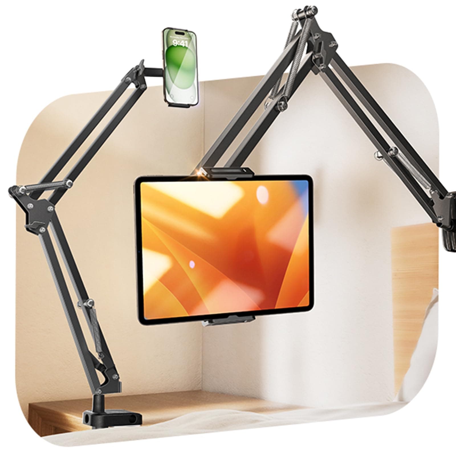 LISEN Tablet Stand iPad Stand for Desk Mount [Ultra Sturdy 2 Clamps] iPad Holder for Tablet Holder Mount Desk Accessories for Men fits iPad Air, iPad 12, iPhone 17e, 4-13" Device (Black)