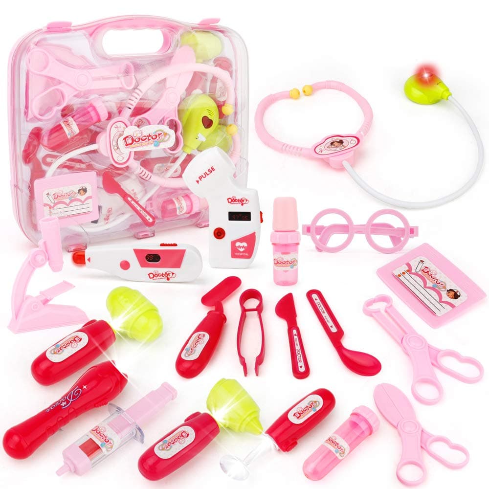 JoyGrow Doctor Kit With Electronic Stethoscope 19 PCS Pretend Play Medical Toys Set Pack in Pink Durable Gift Case Doctor Toys for Kids