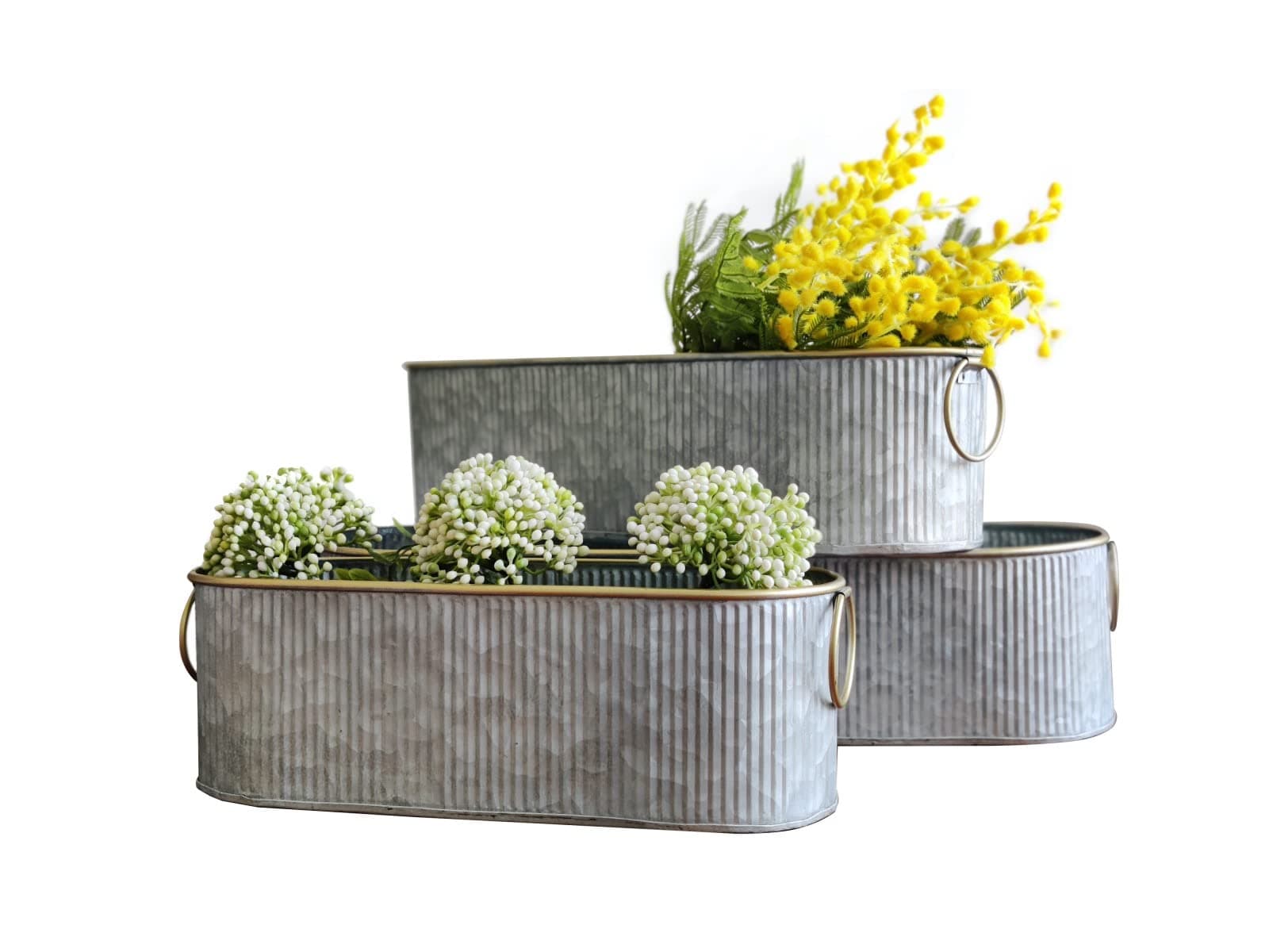 Set of 3 Vintage Long Oval Galvanized Metal Garden Trough Planters Windowsill Box Herb Pots Indoor Outdoor Plant Pots