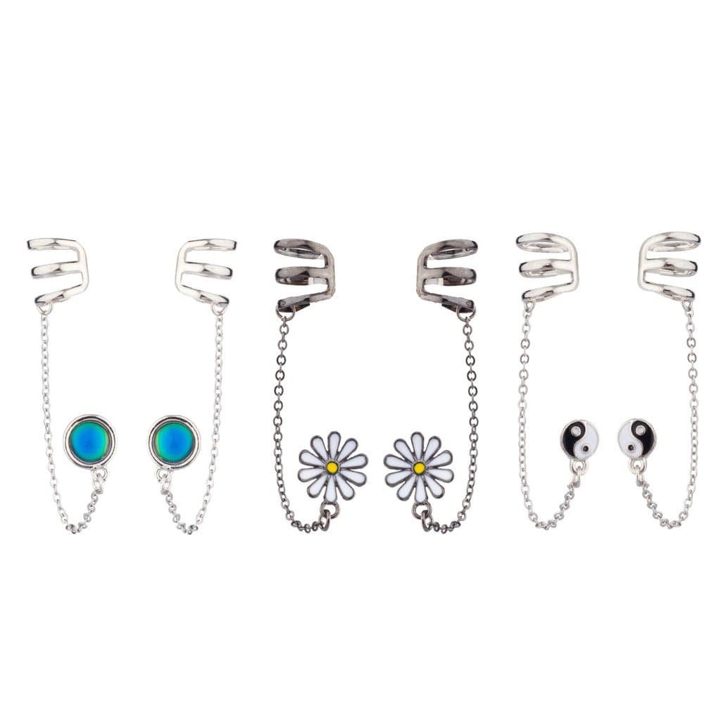Lux Accessories Mood Disc Yin Yang Peace Sign Sunflower Floral Flower Ear Cuff Earrings Set