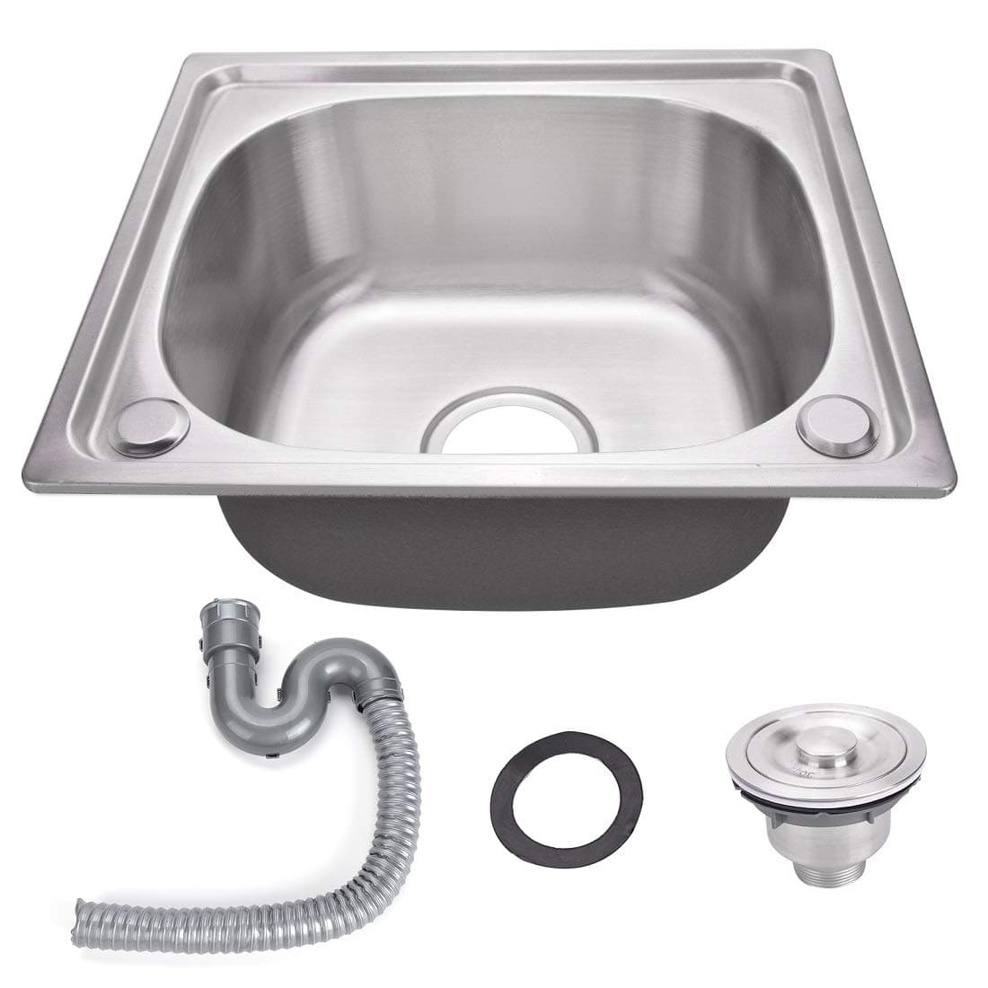 Square Kitchen Sink Single Bowl Stainless Steel with Strainer & Drainer Waste Plumbing Pipes Undermount Drop-in Installation Inset 345 * 290 mm 13.5 * 11.4 Inch