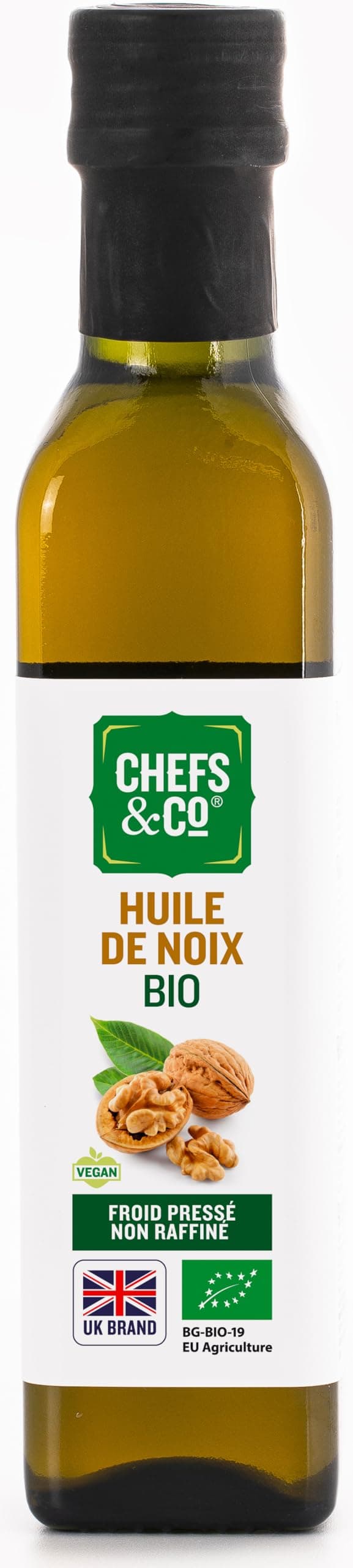 CHEFS& CO | Cold Pressed Organic Walnut Oil for Cooking (Unrefined)-250ml in a Glass Bottle | Gently Cold Pressed Without Chemicals | Premium Quality | Vegan | Gluten-Free | Non-GMO | Cooking Oil