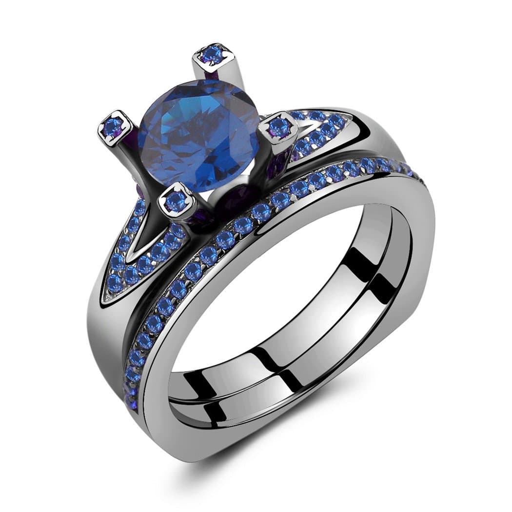 Caperci Sterling Silver 14k Black Gold Plated and Created Blue Sapphire Engagement Bridal Ring Set