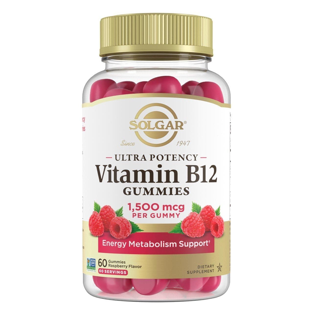 Solgar Methyl B12 Gummies for Adults 1,500mcg Ultra Potency Vitamin for Energy & Metabolism Support, Raspberry Flavor, Vegan & Gluten Free Gummy for Women & Men, 2 Month Supply, 60 Servings, 2g Sugar