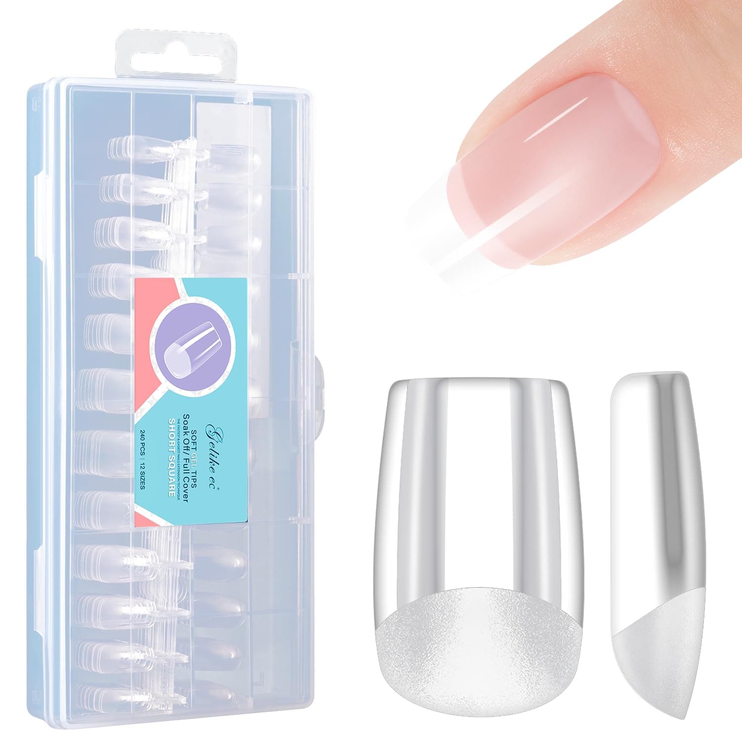 Short Square Nail Tips: Soft Gel False Nail Tips Full Cover for Nail Extensions - Acrylic Nails Professional Clear Gelly Tips False Press on Preshaped PMMA,12 Sizes, SHORT SQUARE 240PCS