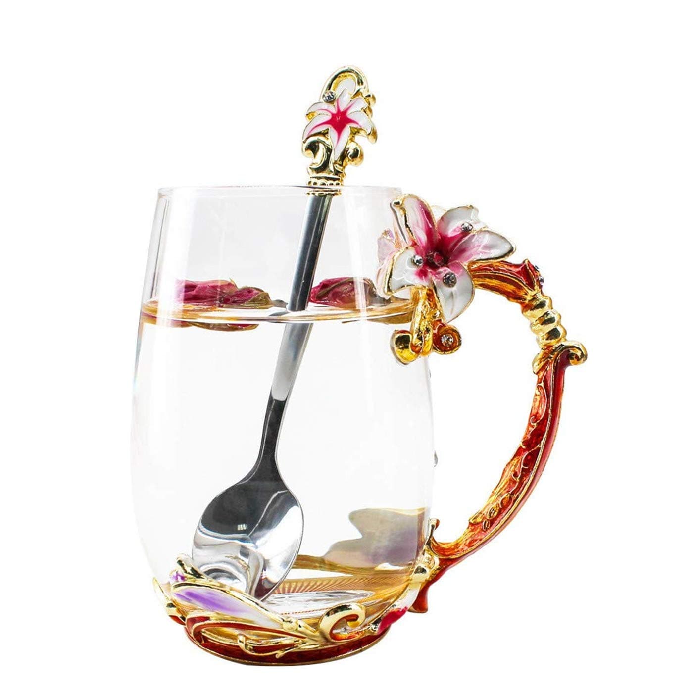 HUISHENGEnamels Butterfly Flower Tea Cup Sets, Glass Coffee Mugs, Valentines Christmas Birthday Graduation, Women Wife Her Mum Grandma Teacher Friend Present