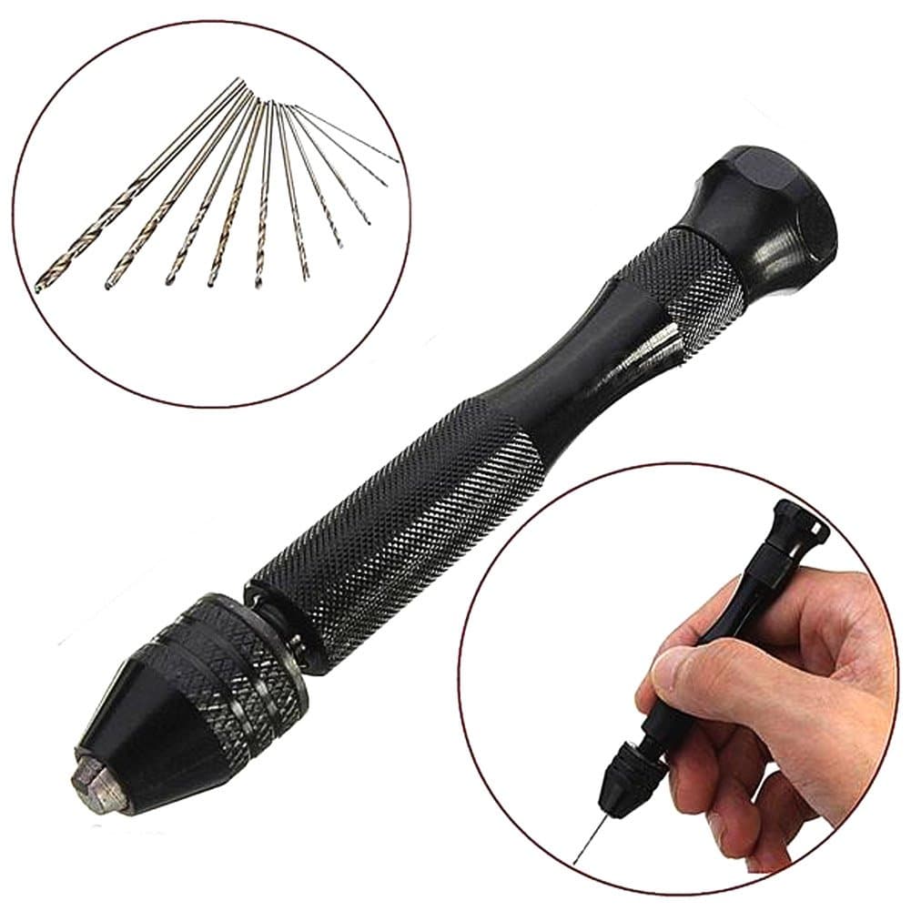 Mini Micro Aluminum Hand Drill With Keyless Chuck + 10 Twist Drills Rotary Tools